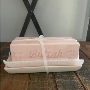 Dwell Studio Pink STICK OF BUTTAH  Butter Dish With Lid Farmhouse Ceramic NEW